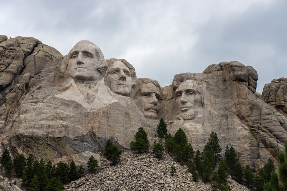 A striking view of Mount Rushmore featuring the carved faces of U.S. Presidents in the Black Hills of South Dakota.
