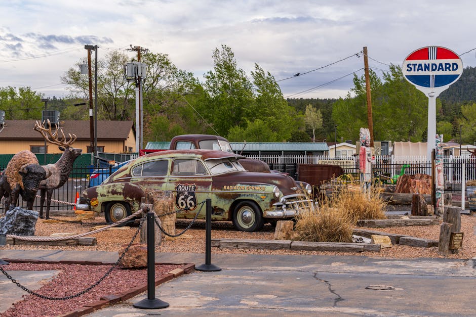 Explore the nostalgic Route 66 car display in Williams, Arizona, capturing vintage automobile culture.