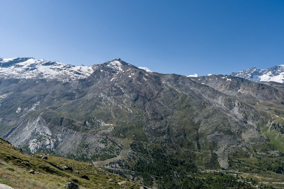 Breathtaking view of the Swiss Alps with clear blue skies near Zermatt, Switzerland.