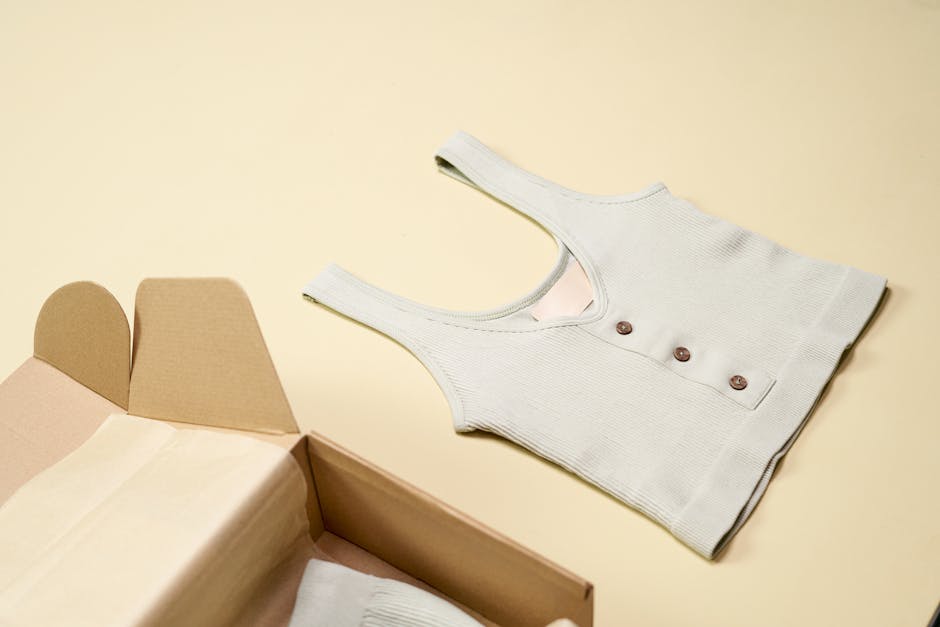 A minimalist flatlay featuring a stylish sleeveless top next to an open cardboard box against a neutral background.
