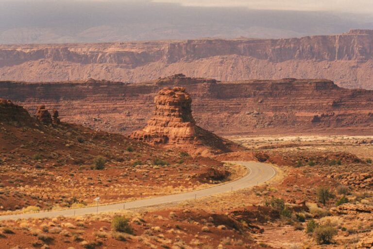 A winding road through Utah's iconic red rock formations under a dramatic sky.