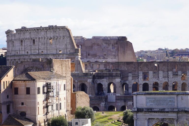 View of the iconic ancient Colosseum in Rome, showcasing its historic architecture.