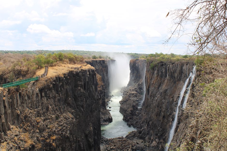 Breathtaking view of Victoria Falls gorge with cascading waterfalls in vibrant scenery.