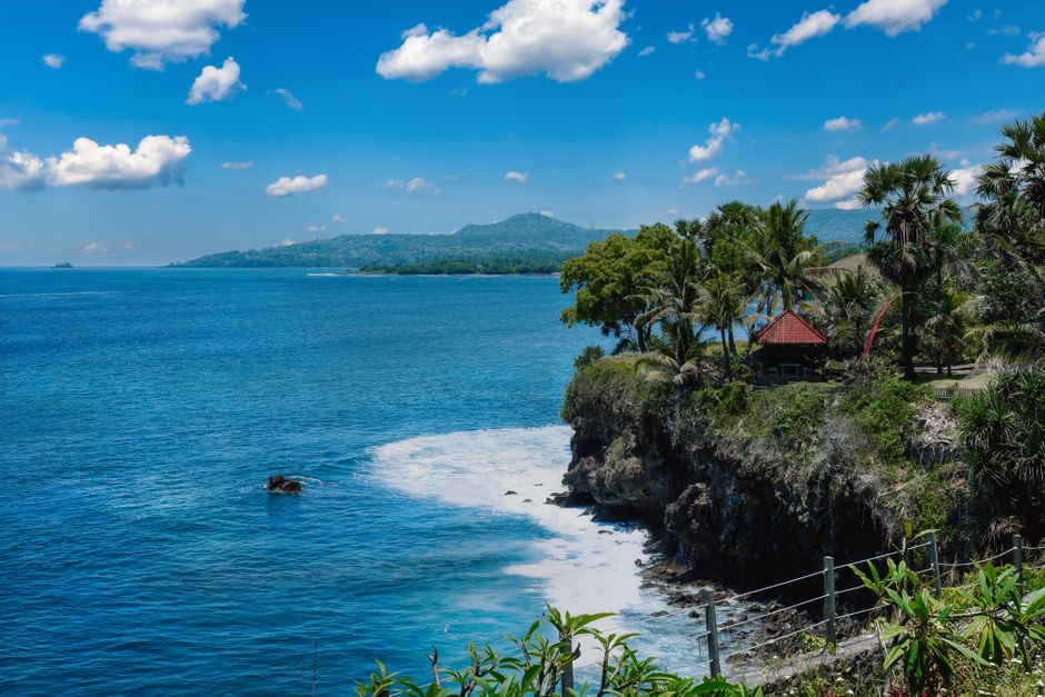 Stunning coastal view of Bali with a cliffside villa and lush palm trees under a clear blue sky.