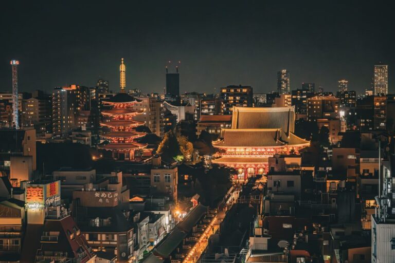 Stunning nighttime aerial view of Senso-ji Temple and Tokyo skyline in Taito City, Japan.
