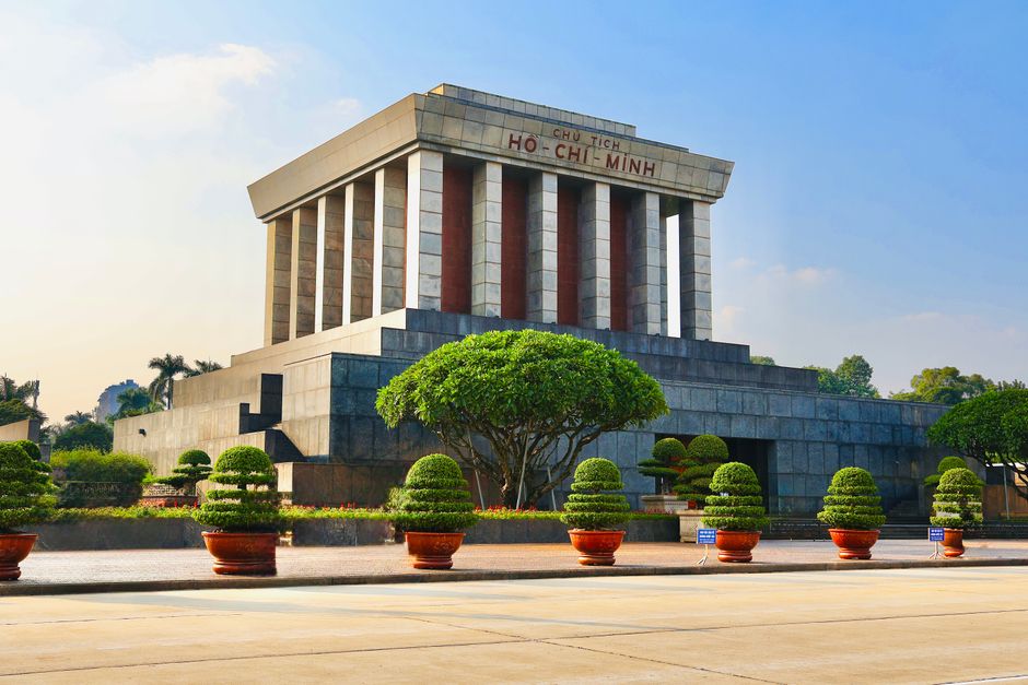 The iconic Ho Chi Minh Mausoleum in Hanoi, showcasing its grand architectural style.