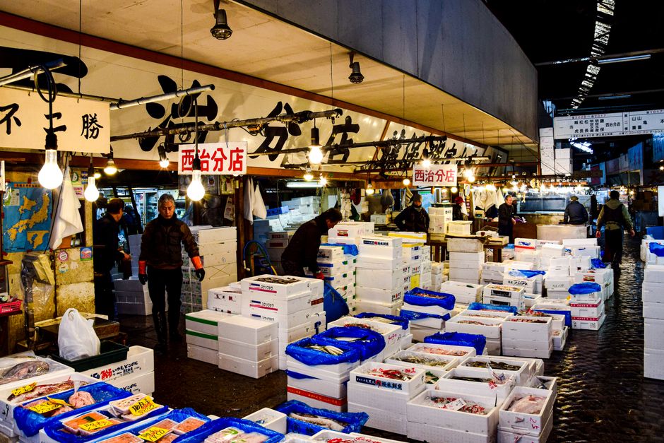 A vibrant scene at the Tsukiji Fish Market showcasing fresh seafood and active vendors in Tokyo, Japan.