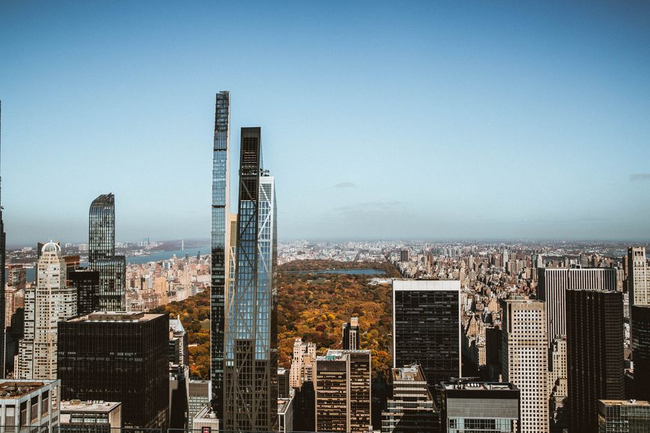 Aerial view of New York City's skyline with Central Park during autumn season.