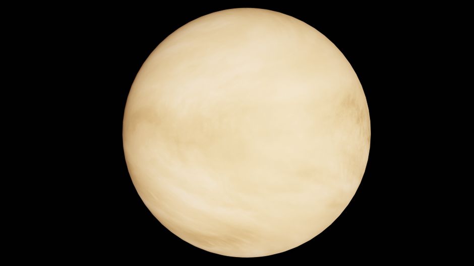 High-resolution image of planet Venus with its iconic cloudy atmosphere against a black space background.